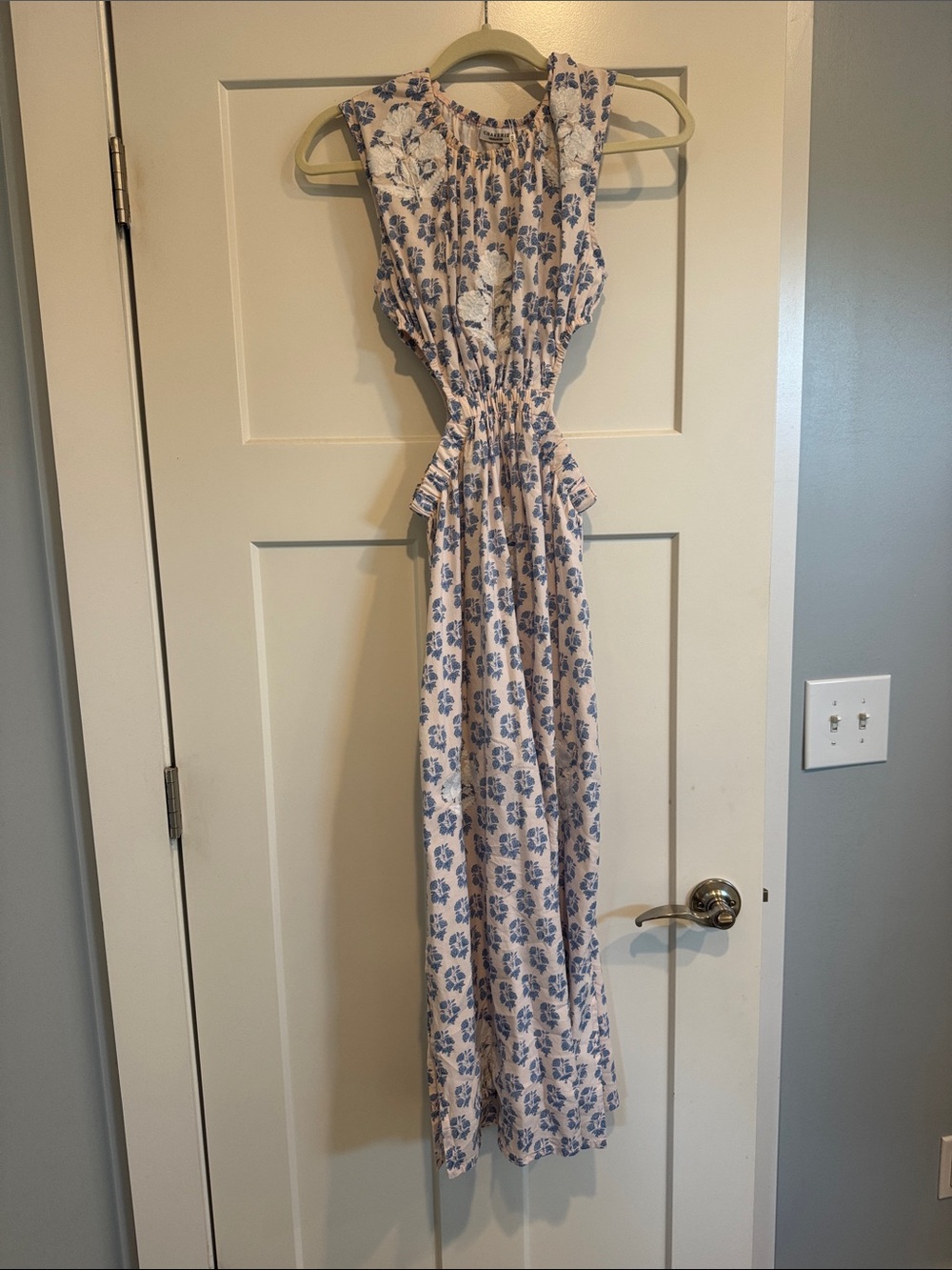Sleeveless Cream Maxi Dress with Blue Floral Print